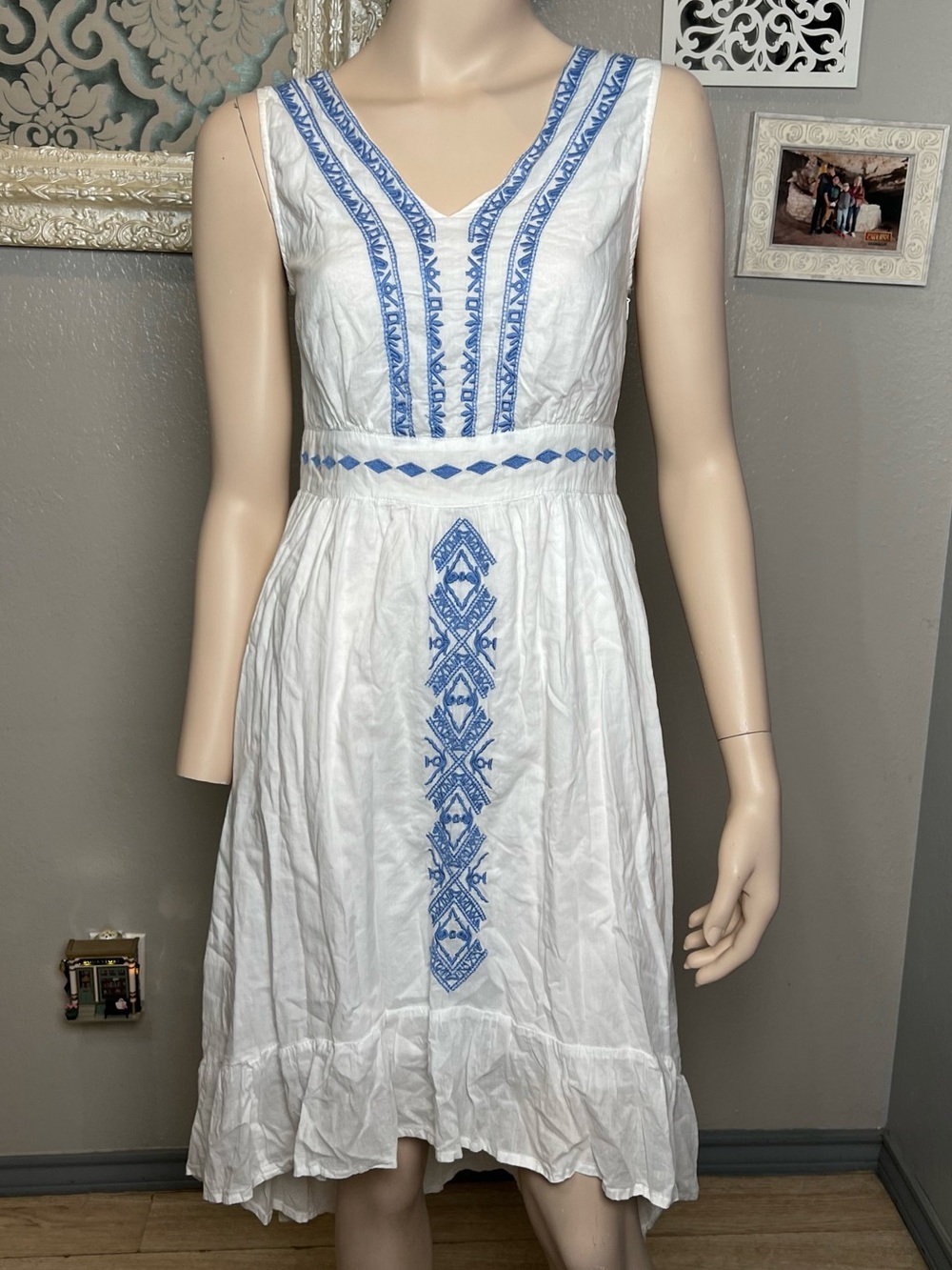 White Sleeveless  High-Low V-Neck Dress with Blue Embroidery